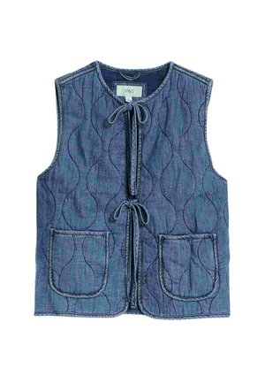 Gequiltede denim vest in donkerblauw, met een ronde halslijn, twee voorkeeltasjes en een striksluiting. Gestructureerd oppervlak met golvende stikdetails.