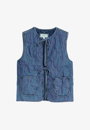 Quiltowany dżinsowy kamizelka w ciemnoniebieskim kolorze, z okrągłym dekoltem, dwiema przednimi kieszeniami i zapięciem na tasiemkę. Teksturowana powierzchnia z falistymi detalami ściegów.