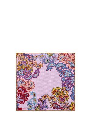 Square pink scarf with colorful paisley floral patterns in red, yellow, blue, and purple along the edges and a dotted background.