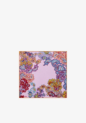 Square pink scarf with colorful paisley floral patterns in red, yellow, blue, and purple along the edges and a dotted background.