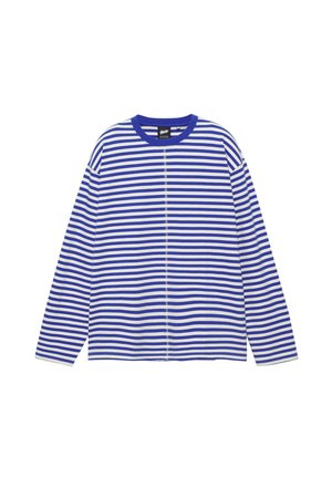 Kék-fehér vízszintesen csíkos hosszú ujjú póló kerek nyakkivágással és egy látható, középen elhelyezkedő varrással az elején.