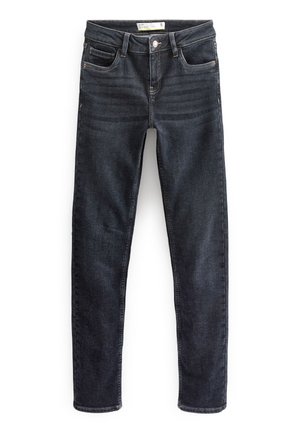 Donkerblauwe denim skinny jeans met een standaard vijf-pocket ontwerp, knoopsluiting en contrasterende stiksels langs de naden.