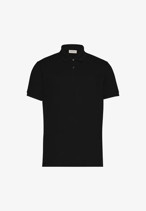 Musta polo-paita hengittävästä kankaasta, jossa on klassinen kaulus, lyhyet hihat ja hienovarainen logo rinnassa. Pehmeä pinta.