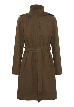 Pruun villasegu mantel, millel on pikad varrukad, kõrge krae ja vöödaga talje. Omab vertikaalseid õmblusi ja õlavarreklappe. Sile tekstuur.