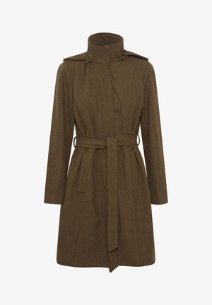 Bruine wolmix jas met lange mouwen, hoge kraag en een ceintuur in de taille. Kenmerkt zich door verticale naden en schouderlapjes. Glad textuur.