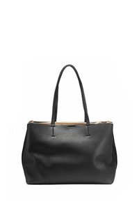 Czarna skórzana torba tote o teksturowanym wykończeniu, z dwoma długimi uchwytami i zamkiem błyskawicznym u góry. Posiada złoty zamek i minimalistyczny design.