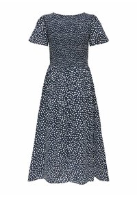 Marineblå midikjole med hvide polkaprikker, korte puffærmer og en smocket, tætsiddende overdel med et samlet skørt.