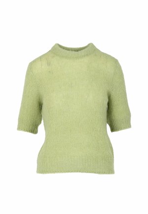 Vihreänsävyinen lyhythihainen neulepusero, jossa on korkeahko kaulus, pehmeä pinta ja väljä istuvuus. Ei näkyviä kuvioita tai koristeita.