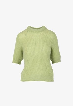 Kurzärmeliger Strickpullover in Hellgrün mit hohem Kragen, weicher Textur und lockerem Schnitt. Keine sichtbaren Muster oder Beschläge.