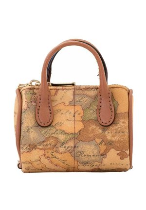 Piccola borsa a mano con manici in pelle marrone e stampa vintage di una mappa con paesi europei sulla superficie.