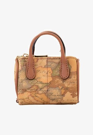 Piccola borsa a mano con manici in pelle marrone e stampa vintage di una mappa con paesi europei sulla superficie.