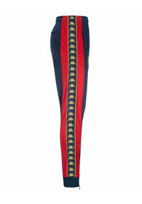 Pantaloni della tuta navy con strisce laterali rosse che presentano i loghi Kappa in oro. Vita elastica, zip alla caviglia e tasche su entrambi i lati.