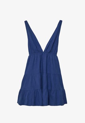 Ærmeløs mørkeblå kjole med dyb V-udskæring, elastisk talje, lagdelt nederdel og rynkede stofdetaljer.