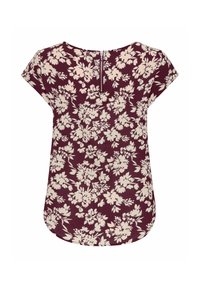 Blouse bordeaux à manches courtes avec imprimé floral crème et fermeture éclair au dos.