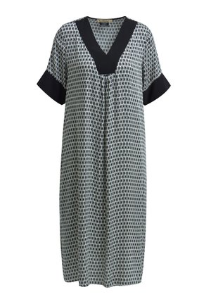 Patterned dress featuring a V-neckline, short sleeves with a dark accent, and a loose fit, made from lightweight fabric with geometric shapes.