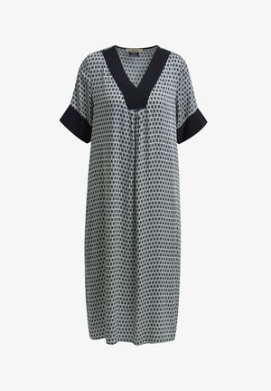 Musterkleid mit V-Ausschnitt, kurzen Ärmeln mit dunklem Akzent und lockerer Passform, hergestellt aus leichtem Stoff mit geometrischen Formen.