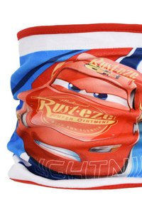 Rode en blauwe nekgaiter met een afbeelding van Lightning McQueen, met een gladde textuur en een brede tubular ontwerp.