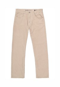 Beige corduroy broek met een recht model, vijf zakken en een gemerkte tailleband, met een geribbelde textuur door het hele broek.