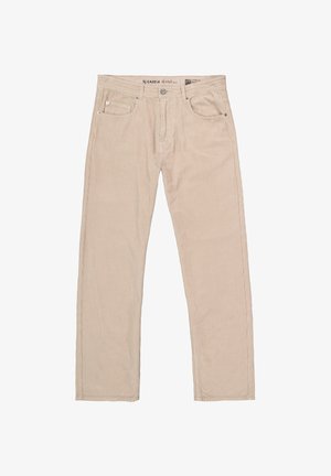 Pantalones de pana beige con diseño de pierna recta, cinco bolsillos y una cintura con logo, exhibiendo una textura acanalada en toda su superficie.