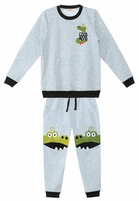 Set di felpa e pantaloni tuta in cotone grigio, con accenti neri, una grafica "Good Mood" e disegni di creature verdi giocose sulle tasche.