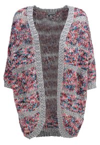 Mehrfarbige Strickjacke mit offenem Vorderteil, kurzen Ärmeln und grauen Akzenten. Abwechslungsreiche Muster aus pinkfarbenen, blauen und weißen Garnelementen.