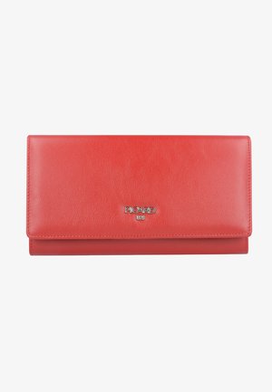 Red leather wallet with a smooth texture, featuring a silver logo and a rectangular design. Closure is a snap button.