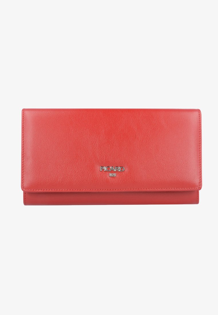 Red leather wallet with a smooth texture, featuring a silver logo and a rectangular design. Closure is a snap button.