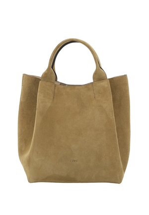Tan suede tote bag with two rounded handles, open top, and minimal stitching. Soft texture with a simple design and no visible hardware.
