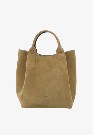 Tan suede tote bag with two rounded handles, open top, and minimal stitching. Soft texture with a simple design and no visible hardware.