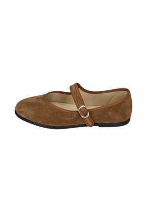 Brown suede Mary Jane flat shoe with rounded toe, single adjustable strap with silver buckle, and black sole.