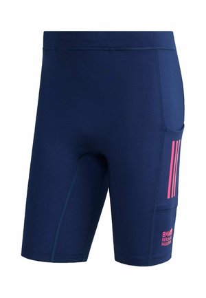 Navy blue athletic shorts with a side pocket, pink stripes, and "BMW Berlin Marathon" text on the pocket area.