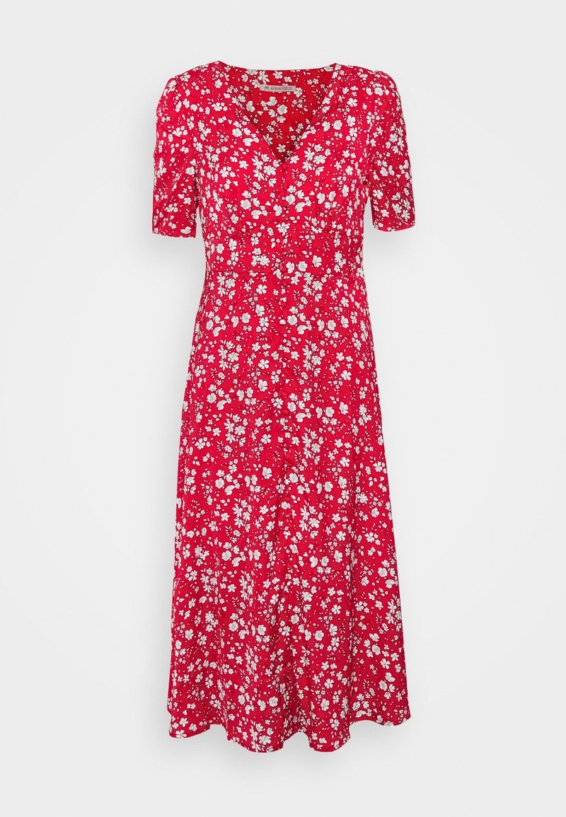Robe midi rouge à manches courtes avec imprimé floral blanc, dotée d’un col en V et d’une taille cintrée.