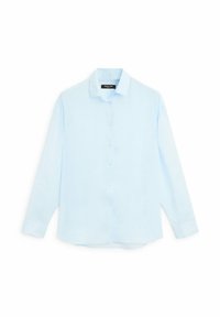 Camicia a maniche lunghe azzurro chiaro con bottoni, realizzata in un tessuto morbido, caratterizzata da un colletto classico, bottoni frontali e un orlo dritto.