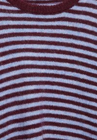 Pruhovaný sveter v burgundskej červenej a svetlomodrej farbe, vyrobený z mäkkej pleteniny, so zapínaním okrúhleho výstrihu a jemne zamatovým vzhľadom.