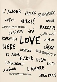 Sfondo in tela con la parola "AMORE" in varie lingue, presentata in tipografia nera in grassetto con stili e orientamenti diversi.