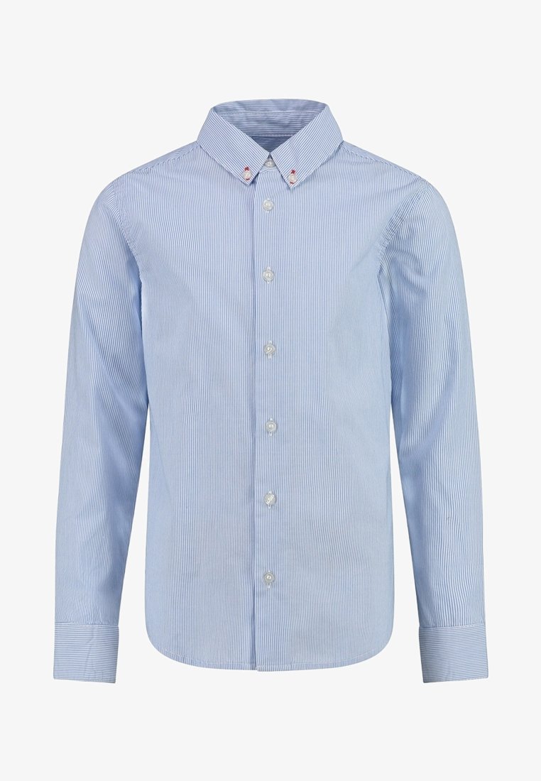 Chemise boutonnée à manches longues bleu clair avec de fines rayures verticales blanches, col boutonné et boutons blancs à l'avant et aux poignets.