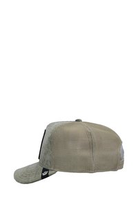 Baseball cap with a light grey front and mesh beige back. Features a flat brim, textured fabric, and a logo on the side.