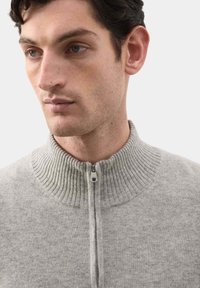 Lichtgrijze ziptrui met een geribbelde kraag en fijne textuur. Voorzien van een rits van een kwart lengte aan de voorkant. Eenvoudig en gestroomlijnd ontwerp.