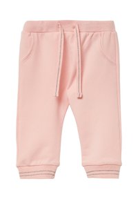 Helle rosa Baumwoll-Jogginghosen mit einem elastischen Bund, Kordelzug, zwei Seitentaschen und gerippten Bündchen mit silbernen Akzenten.