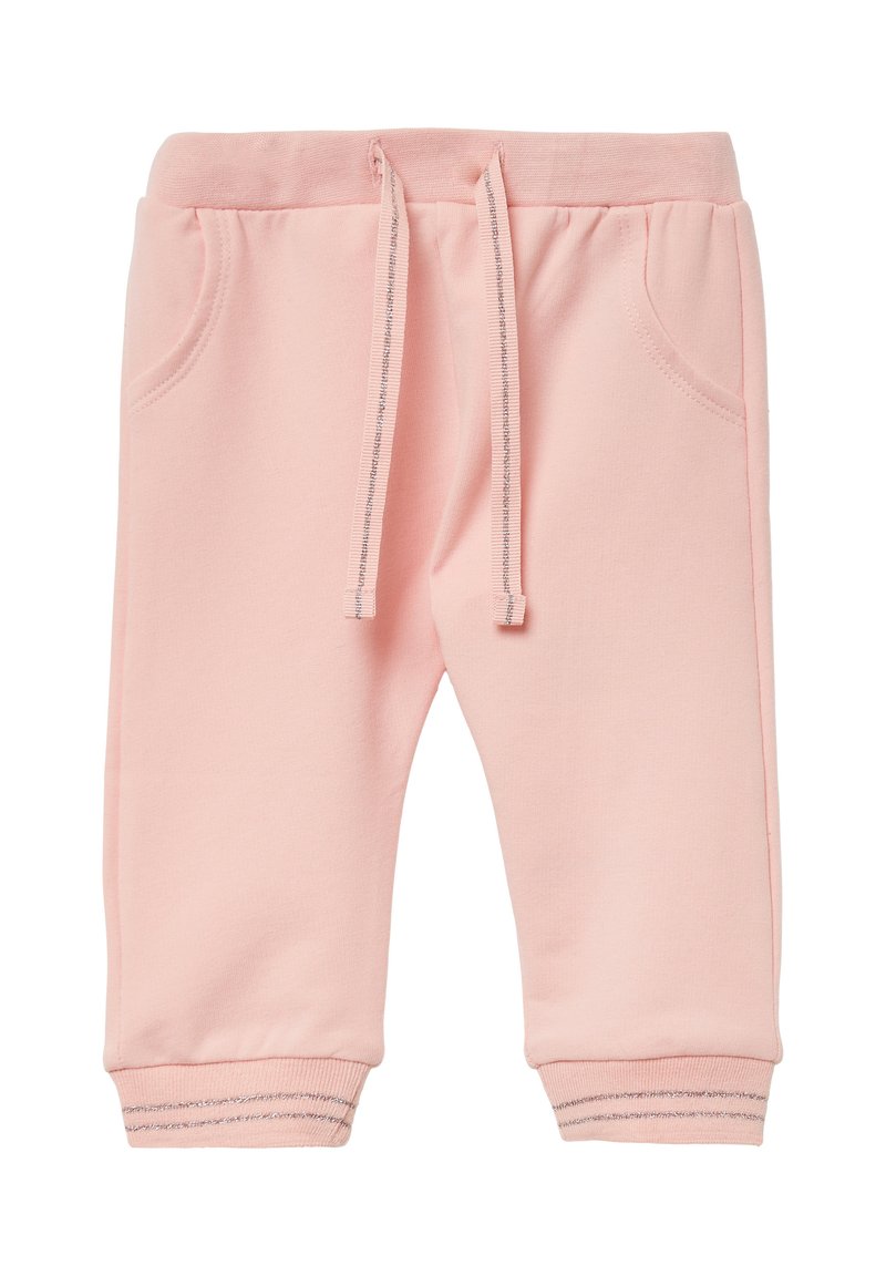 Helle rosa Baumwoll-Jogginghosen mit einem elastischen Bund, Kordelzug, zwei Seitentaschen und gerippten Bündchen mit silbernen Akzenten.