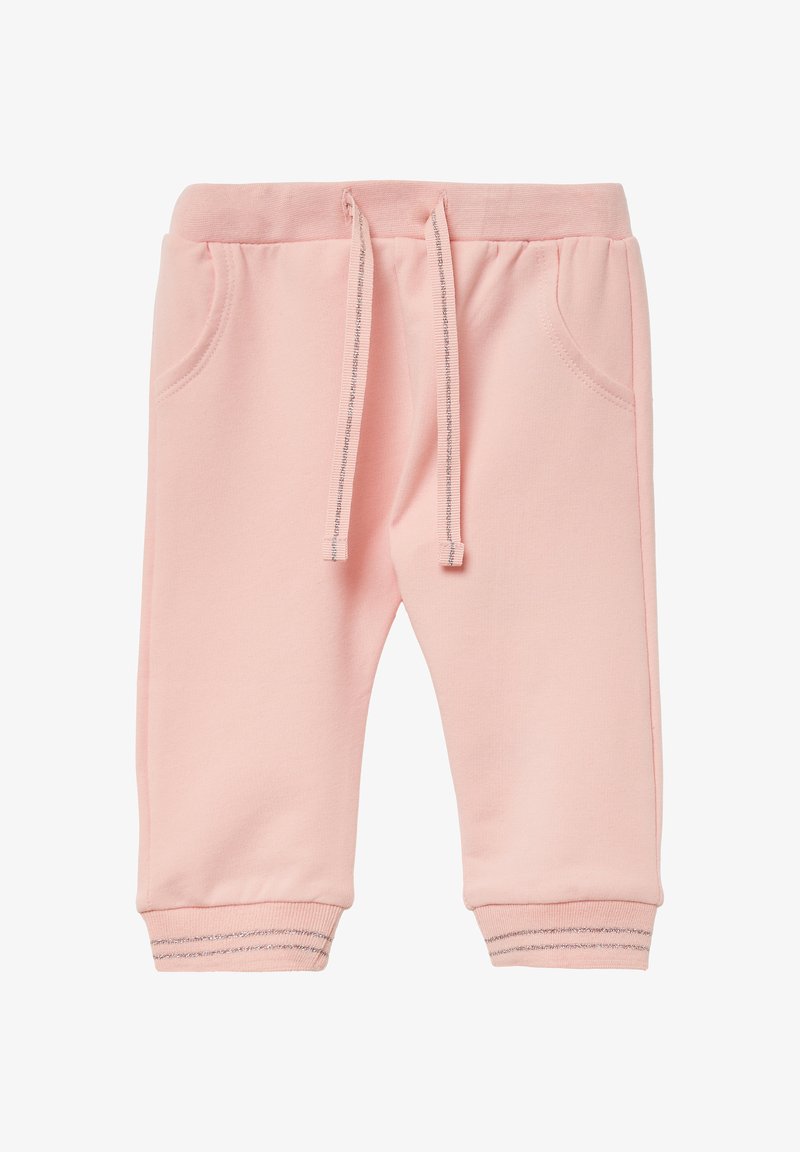 Helle rosa Baumwoll-Jogginghosen mit einem elastischen Bund, Kordelzug, zwei Seitentaschen und gerippten Bündchen mit silbernen Akzenten.