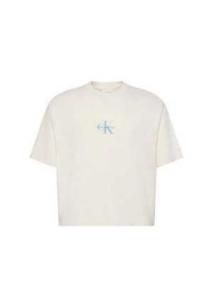 Weißes, kurz geschnittenes T-Shirt mit kurzen Ärmeln und dem hellblauen "ck" Calvin Klein Logo, das mittig auf der Brust platziert ist.