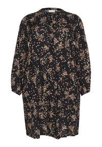 Robe noire à fleurs avec manches longues, encolure ronde et détails de boutons. Présente une taille froncée et de petits motifs de fleurs roses et blanches.