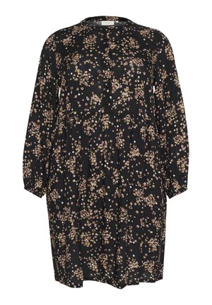 Sort blomstret kjole med lange ærmer, rund halsudskæring og knapdetaljer. Har en samlet talje og små rosa og hvide blomstermønstre.