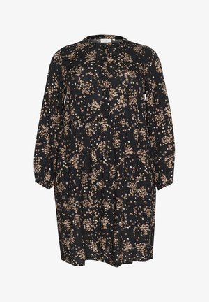 Sort blomstret kjole med lange ærmer, rund halsudskæring og knapdetaljer. Har en samlet talje og små rosa og hvide blomstermønstre.