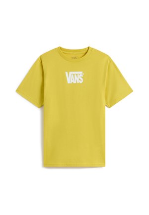 Gul t-shirt med korte ærmer og hvid Vans-logo centreret på brystet, vist på hvid baggrund.