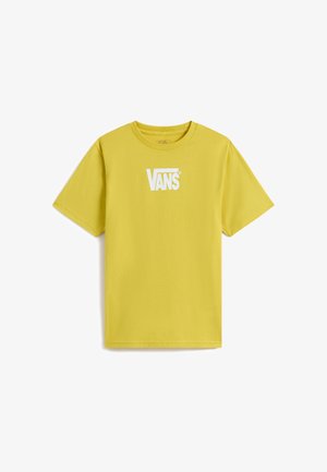 Gul t-shirt med korte ærmer og hvid Vans-logo centreret på brystet, vist på hvid baggrund.