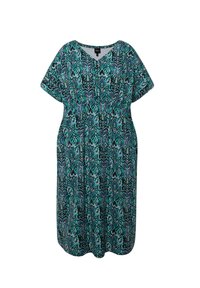 Kurzärmliges V-Ausschnitt-Kleid in einem teal- und schwarzfarbenen Muster. Hergestellt aus leichtem Stoff mit elastischem Bund und fließendem Design.