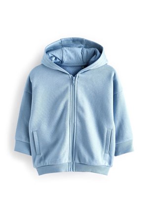 Hellblauer Kinder-Hoodie mit Frontreißverschluss, zwei Seitentaschen, gerippten Bündchen und angesetzter Kapuze vor weißem Hintergrund.