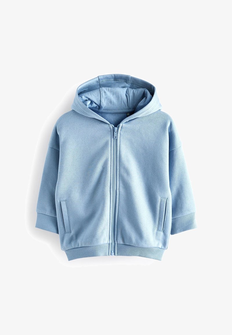 Sweat à capuche pour enfants bleu clair avec fermeture éclair frontale, deux poches latérales, poignets côtelés et capuche attachée sur fond blanc.